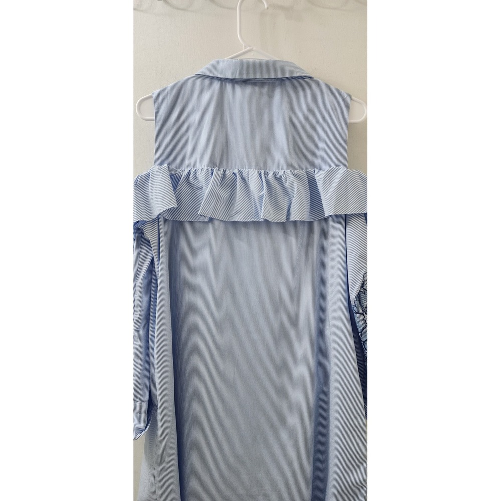 Label by 5 Twelve Blue White Pinstripe Cold Shoulder Ruffle Shirt Dress Size 12 - Picture 9 of 9